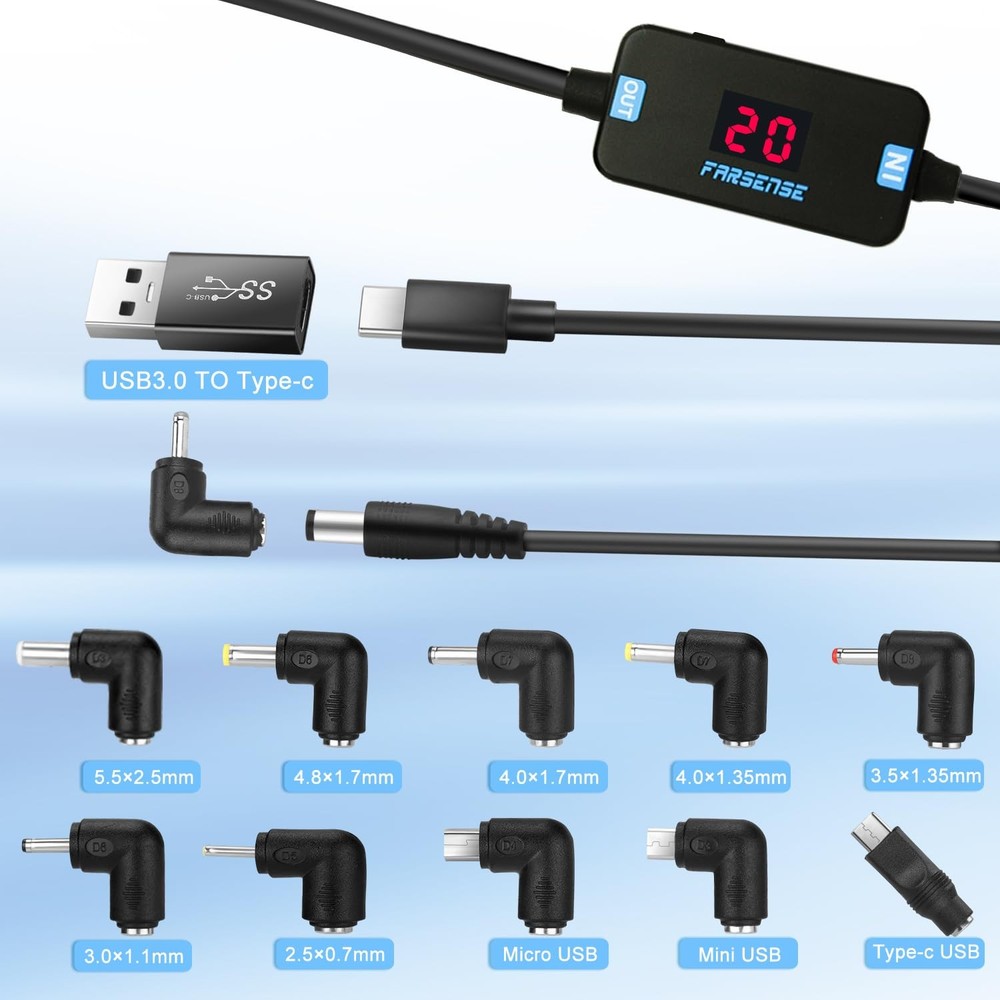 FARSENSE USB C to DC Adapter,Barrel PD Trigger Cable(3.3ft) with small, BLACK