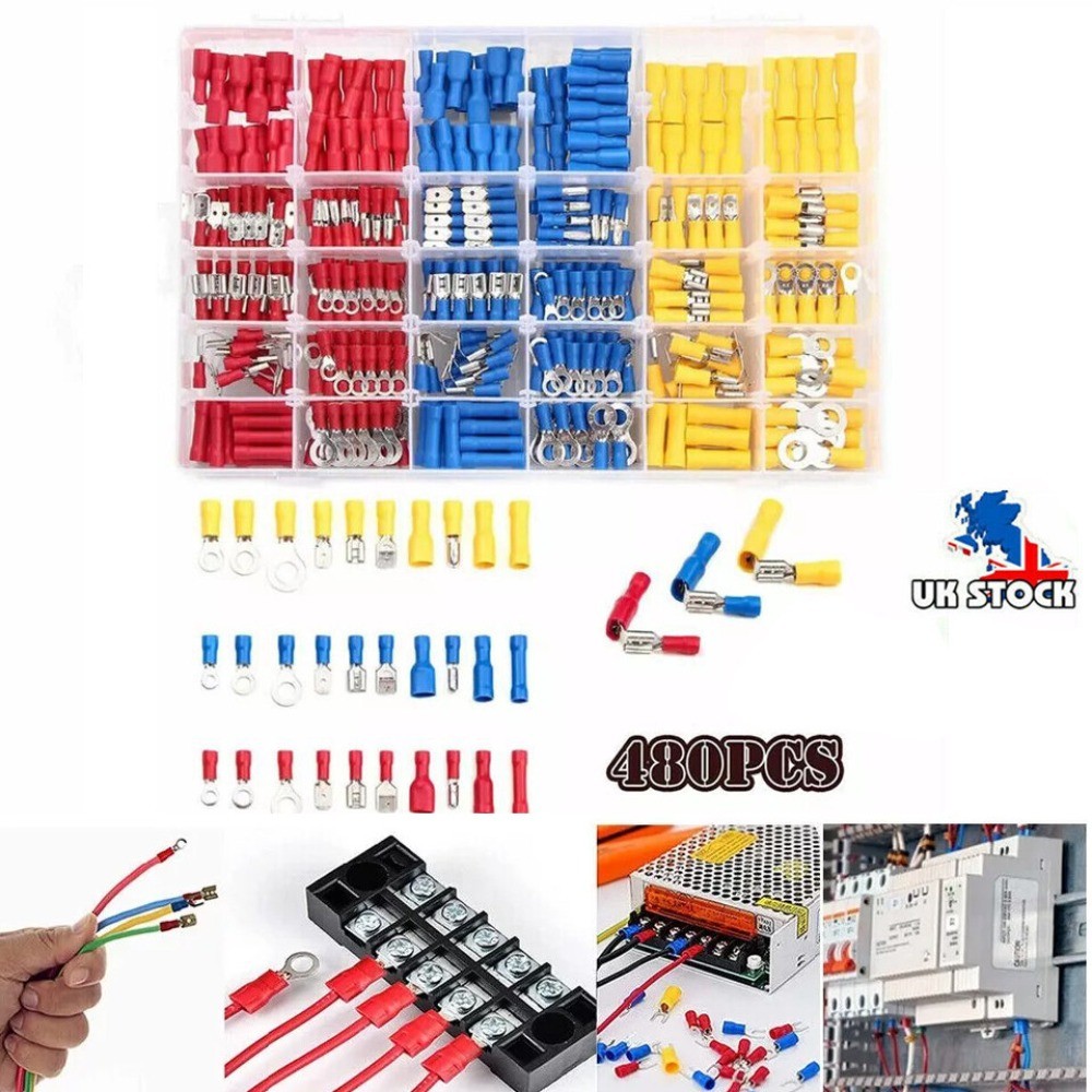 480PCS Assorted Electrical Wire Terminals Crimp Connectors Spade Insulated Kit