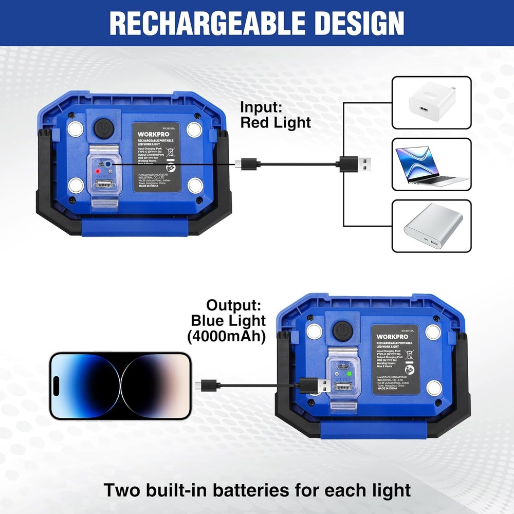 WORKPRO 2 Pack LED Work Light Rechargeable Magnetic Work Lights 4 Modes 2000LM
