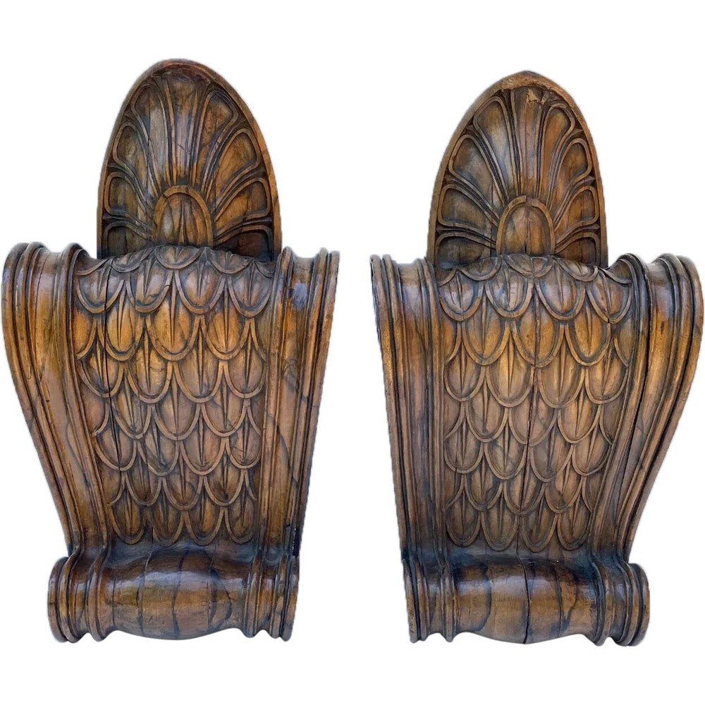 Pair Antique Fine Italian Walnut Architectural Bracket Scrolls 19th century