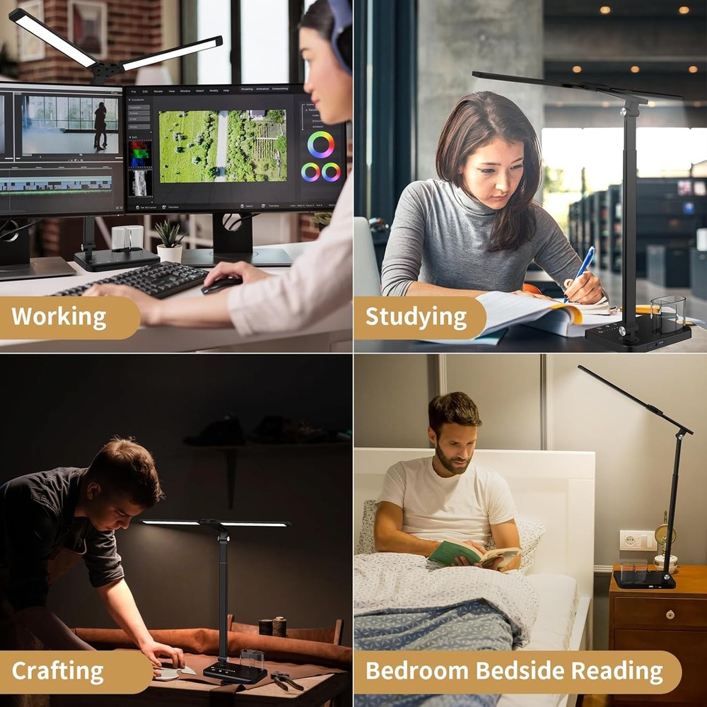 LED Desk Lamp with Dual Heads, Height Adjustable for Reading, Work, Study