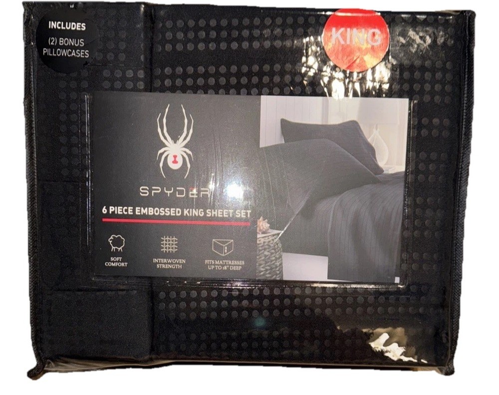 Spyder Black Embossed 6 Piece King Sheet Set Cooling NEW