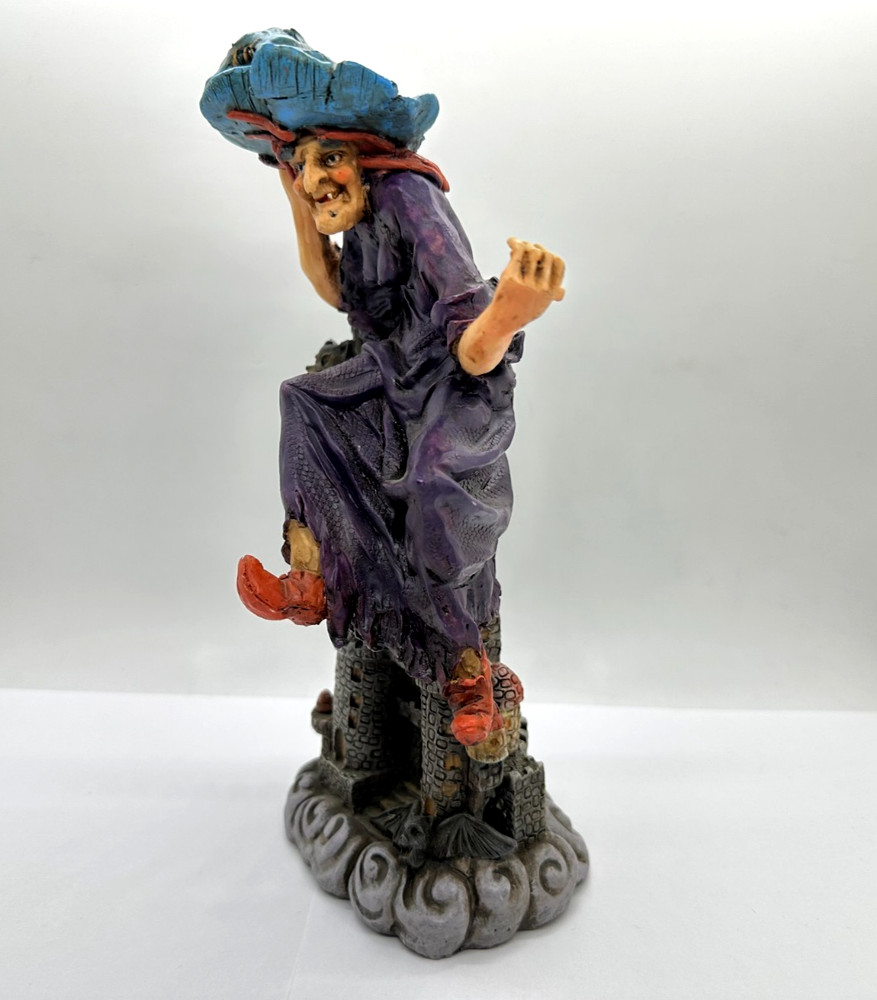 9" Floating Witch Over Castle & Bat Resin Figure