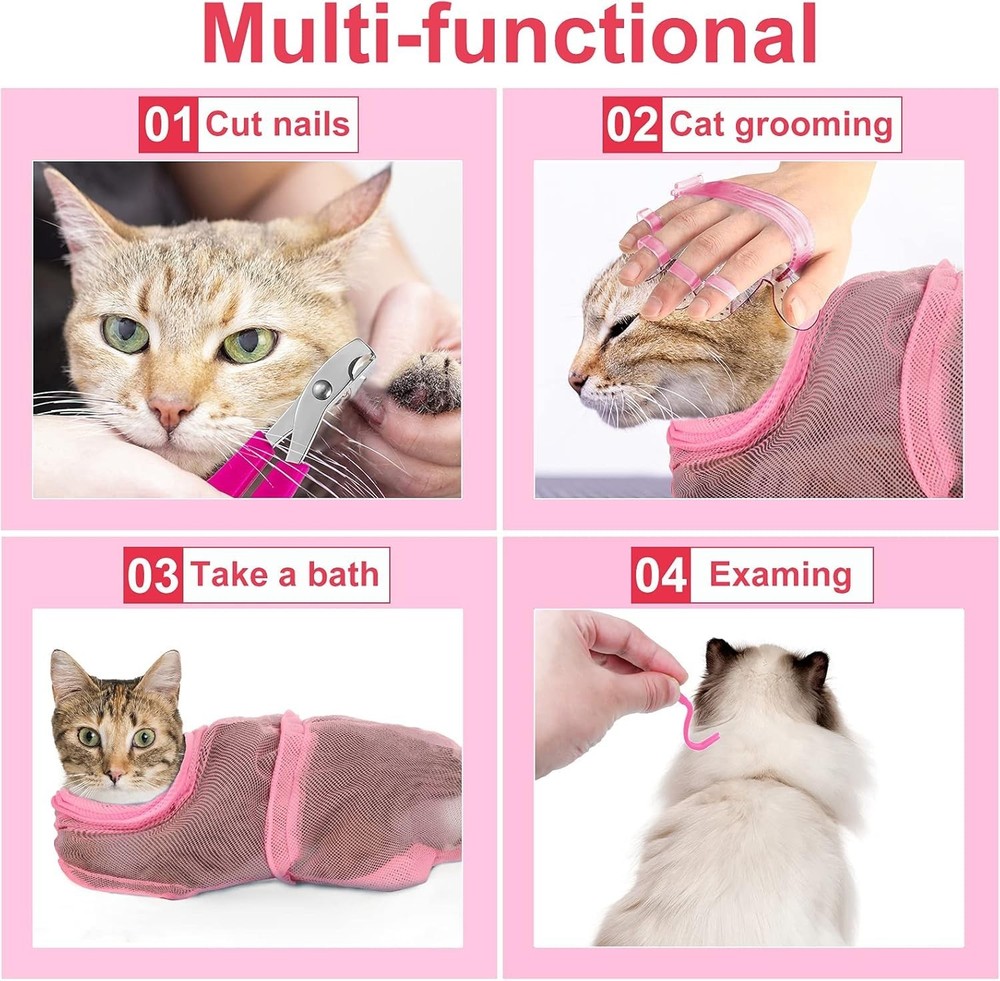 Pink Cat Bathing Set: 5 Essential Tools including Muzzle & Grooming Bag - Large