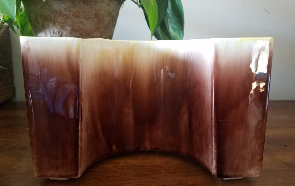 Mid Century Modern Two-Piece Brown & Yellow Ceramic Planter Half Rounds MCM