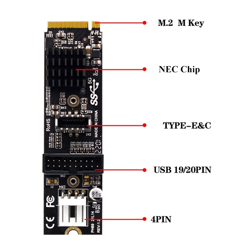 M.2 NVME MKEY to USB3.0 Adapter with 19 Pin Header and USB3.1 Type-E Connector