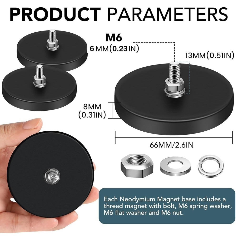 6Pcs Rubber Coated Magnets, 65LBS Neodymium Base