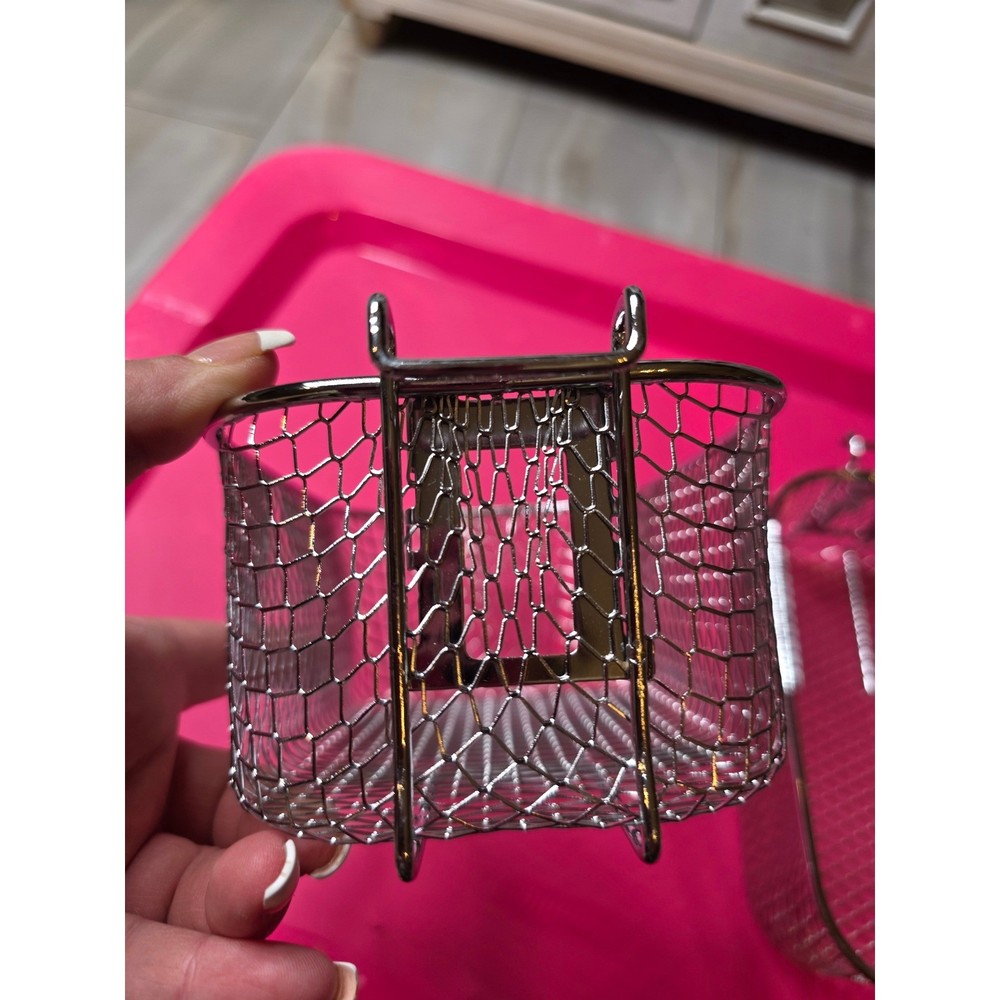 Set of 2 Silver Wire Mesh Deep Fryer Baskets with Hooks 8x4.5x4 Rectangular