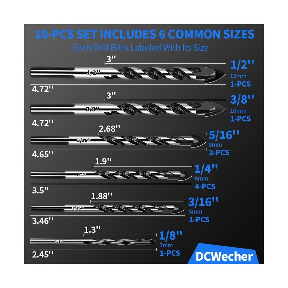 10-PCS Masonry Concrete Drill Bit Set, Heavy-Duty Masonry Drill Bits for Conc...