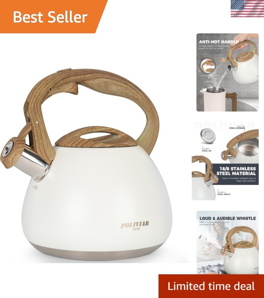 POLIVIAR Tea Kettle, 2.7 Quart White Finish with Wood Pattern Handle Loud Whistl