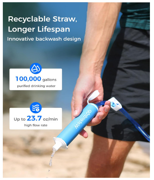 Waterdrop Gravity Water Filter Straw, Camping Water Filtration System, Blue