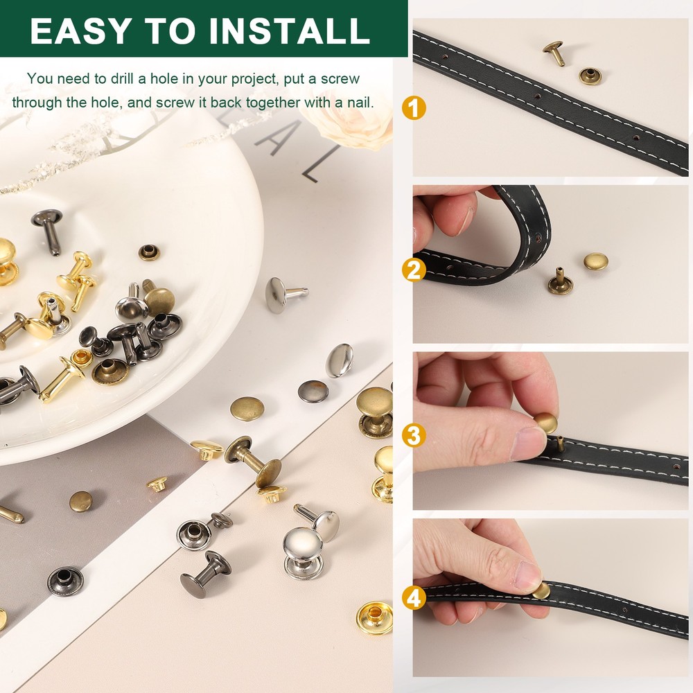 30 Sets Double Cap Leather Rivets, 9x12mm Round Cap Metal Studs, Silver