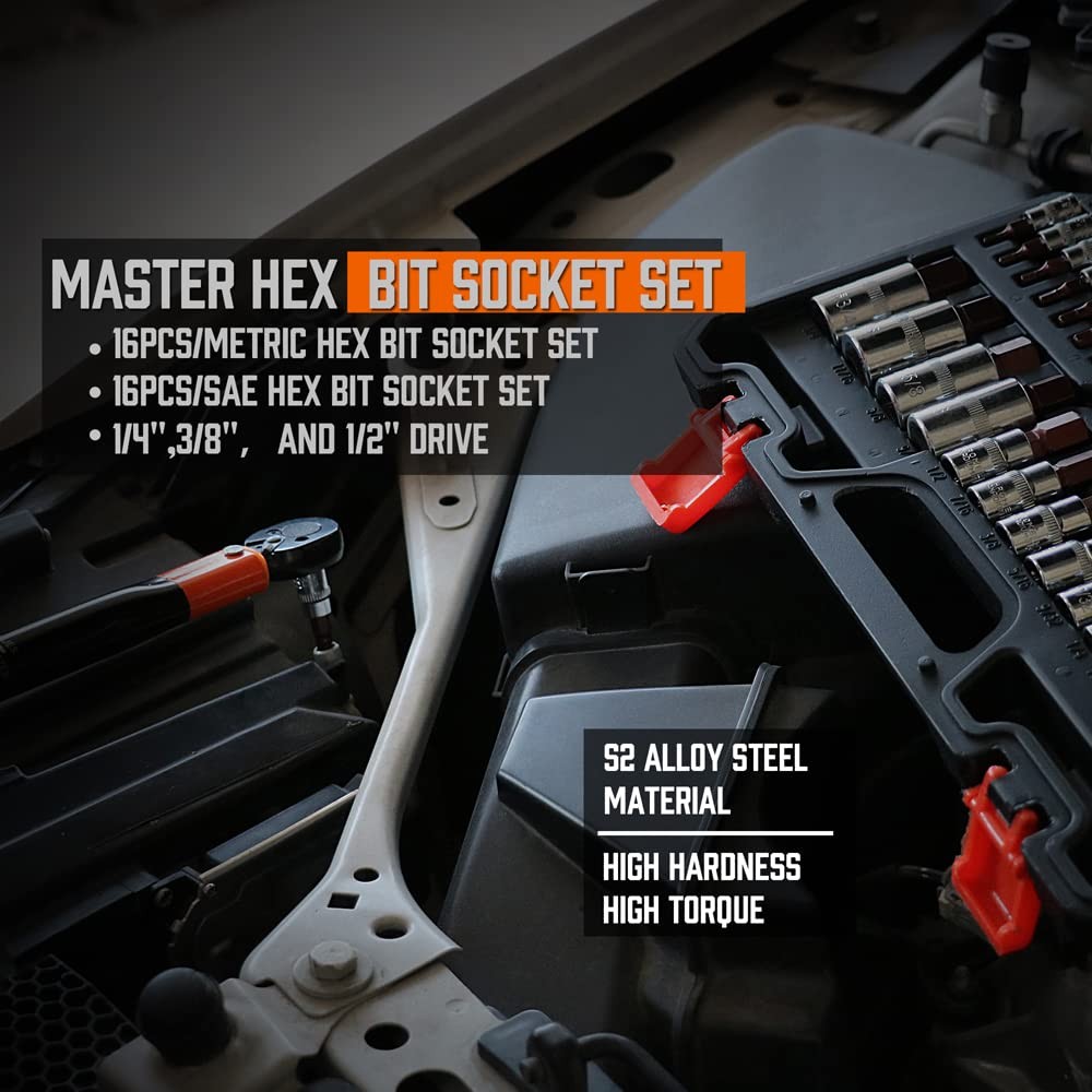High Torque Master Hex Bit Socket Set, 32-Piece SAE & Metric Allen Socket Set...