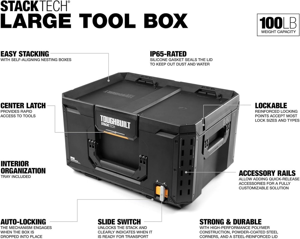 StackTech Large Tool Box W/ Auto-Locking Interface Self-Aligning Top One-Hand