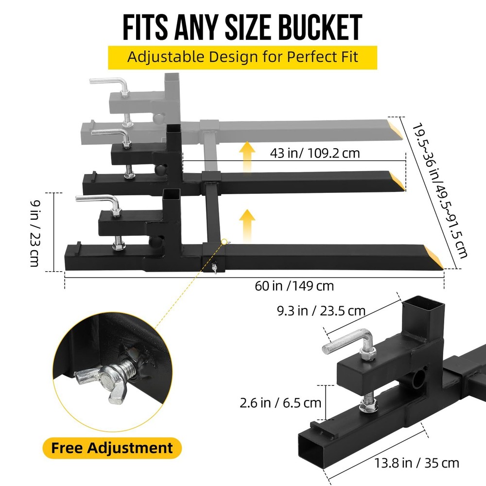 60" 4000LBS Clamp On Pallet Forks with Adjustable Stabilizer for Tractor Loader