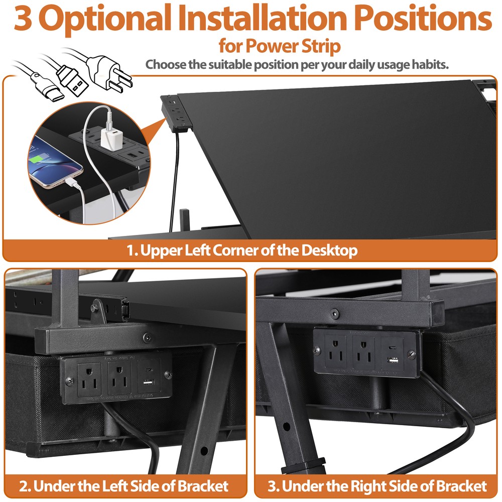 Adjustable Drafting Drawing Tiltable Table & Stool w/ 2 Drawers & Outlet Black