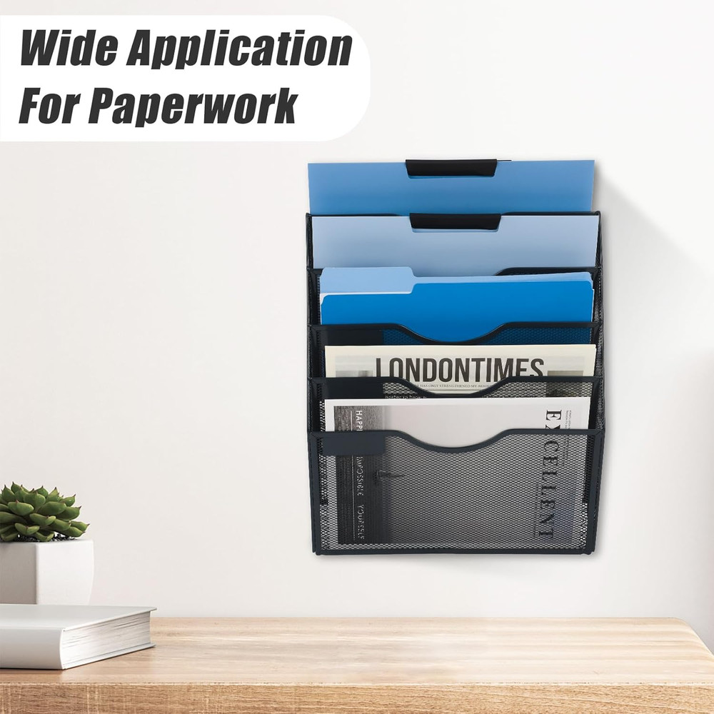 5 Pocket Mesh Hanging Wall File Organizer, Wall Mounted Mail Paper Document Fold