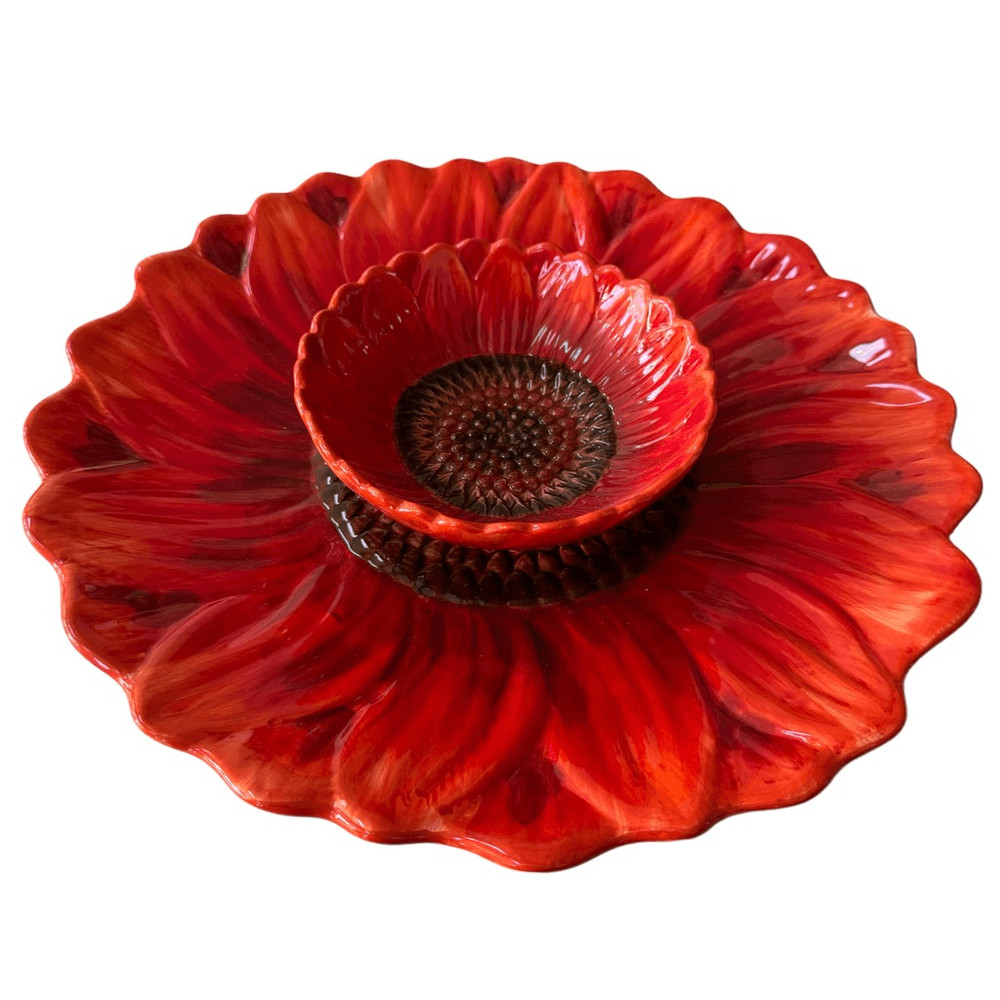 Maxcera red sunflower ceramic chip & dip serving dish platter 14