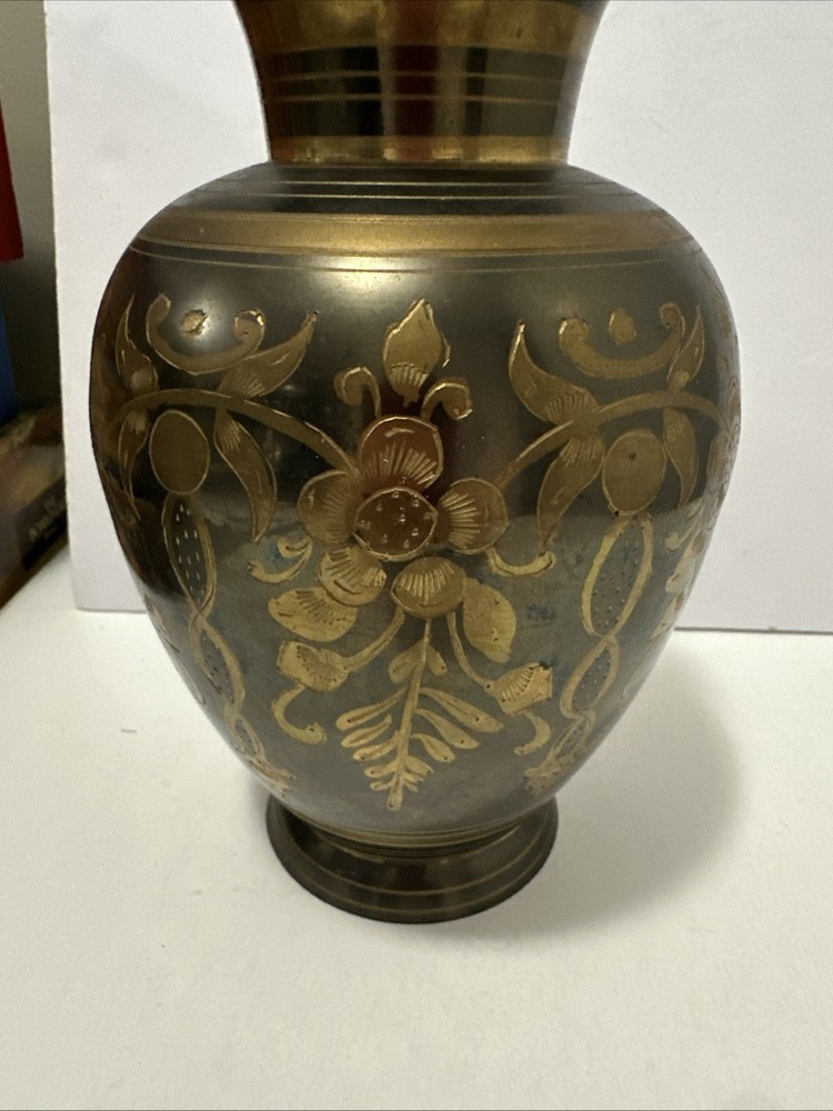 8.5” Solid Brass Etched Vase Floral Design, India