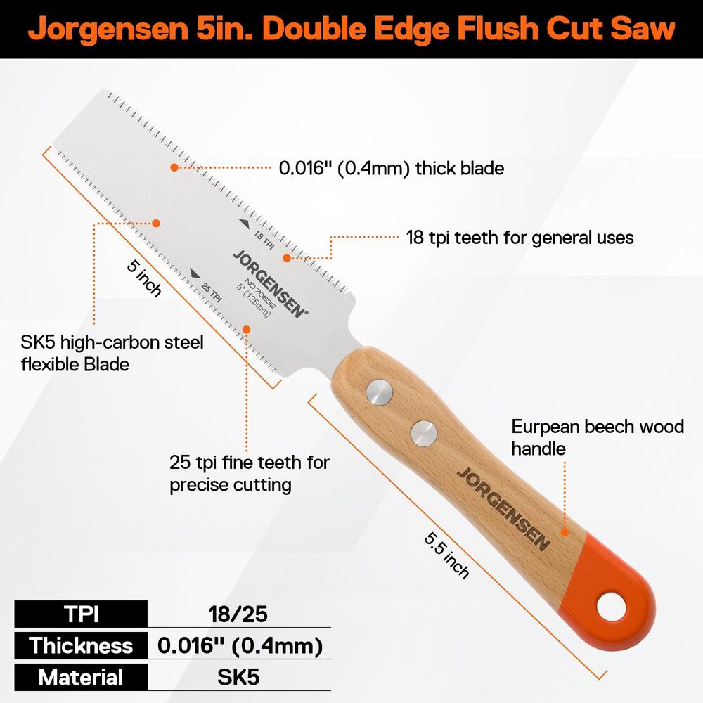 JORGENSEN Japanese Flush Cut Saw 5 Inch Beech Handle Pull Saw Cutting Trim Flush