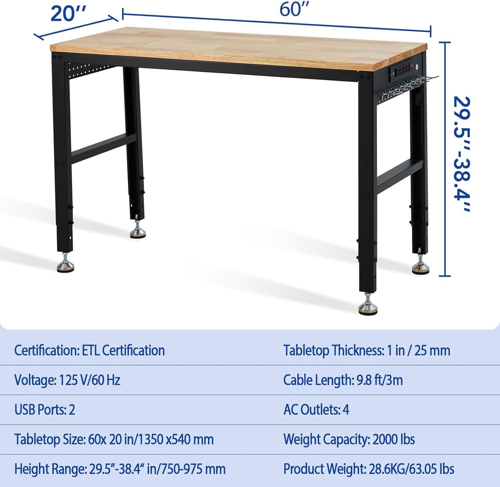 60" Adjustable Workbench, Heavy Duty Workstation with Power Outlets, 2000 LBS