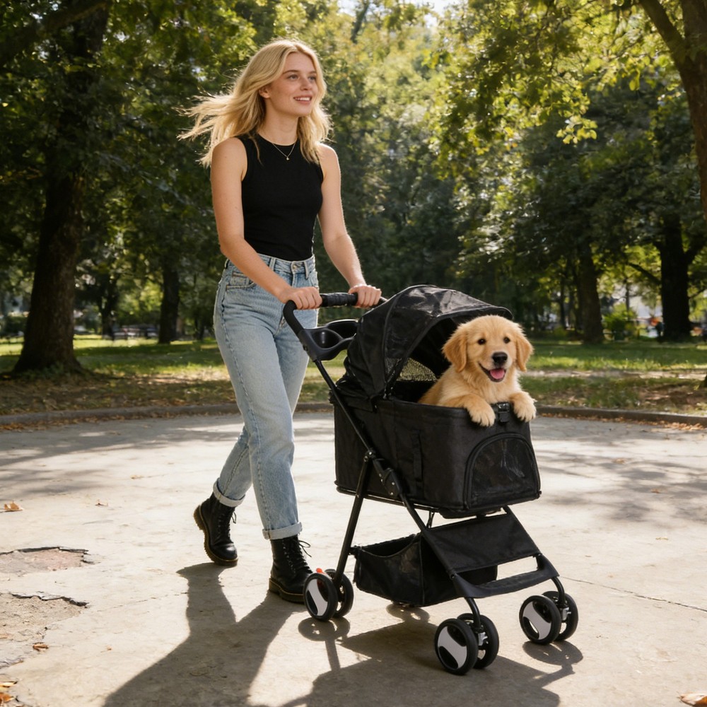Dog Stroller Cat Stroller 3-in-1 Multifunctional with 4 Wheels Black Foldable