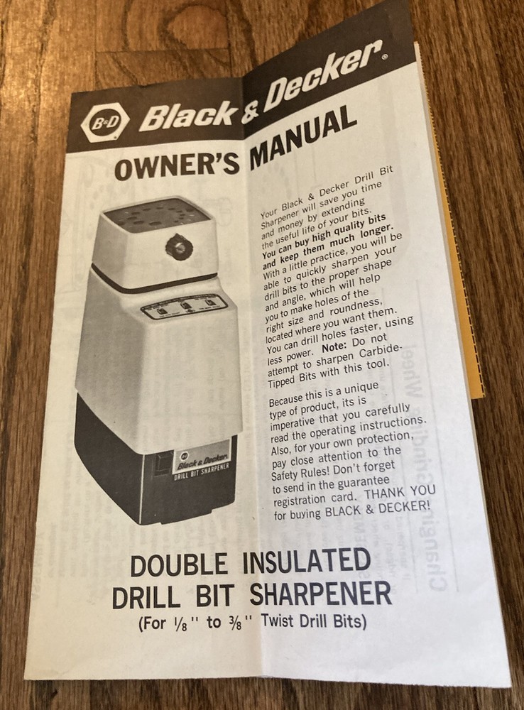 Black & Decker Double Insulated Drill Bit Sharpener Owner's Manual Booklet