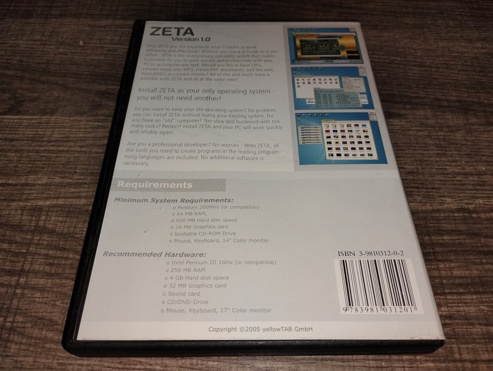 ZETA Version 1.0 Operating System Software PC CD-ROM Installation 2005 yellowTAB