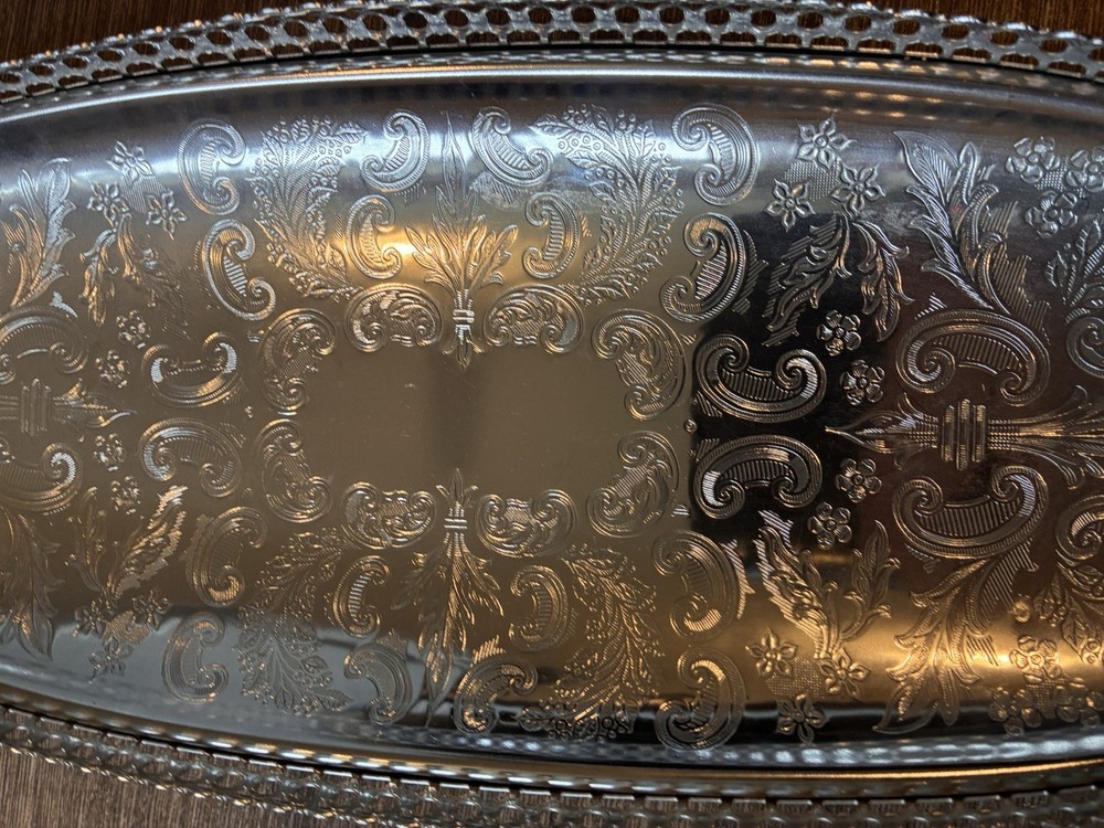 Silver Plated Tray Queen Anne Ornate Engraved Pattern 44x15cm