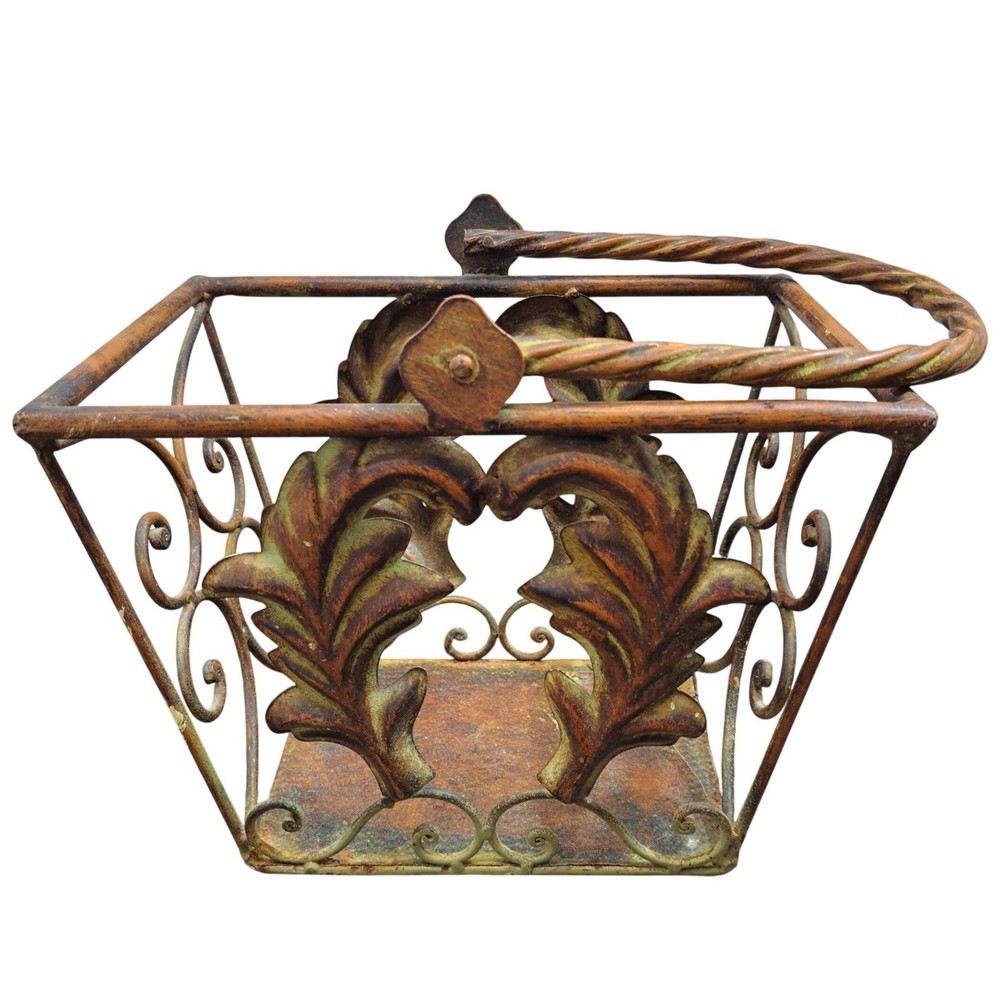 Vintage Copper Metal Basket Distressed Leaf Scroll Handle Planter Decor