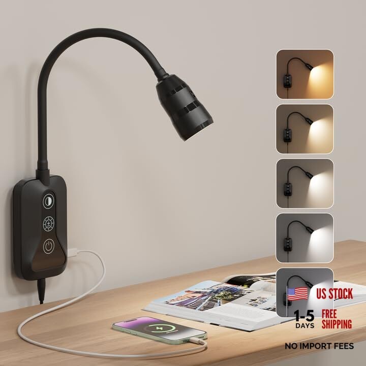 Wall Mounted Reading Light for Bed, Headboard Light with 360° 1 Pack-Black