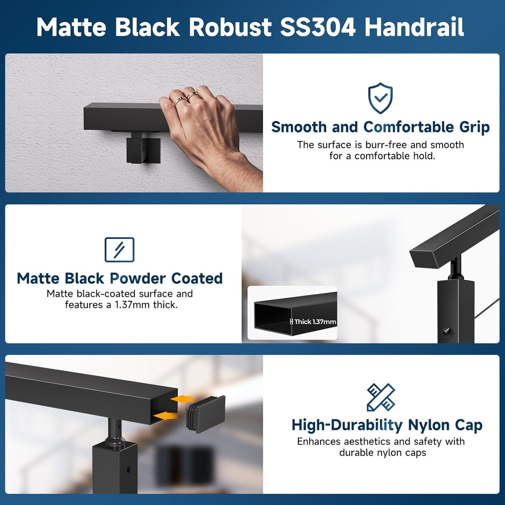 6FT Stainless Steel T304 Handrail Black, 3 Pack Rectangular Cable Railing Handra