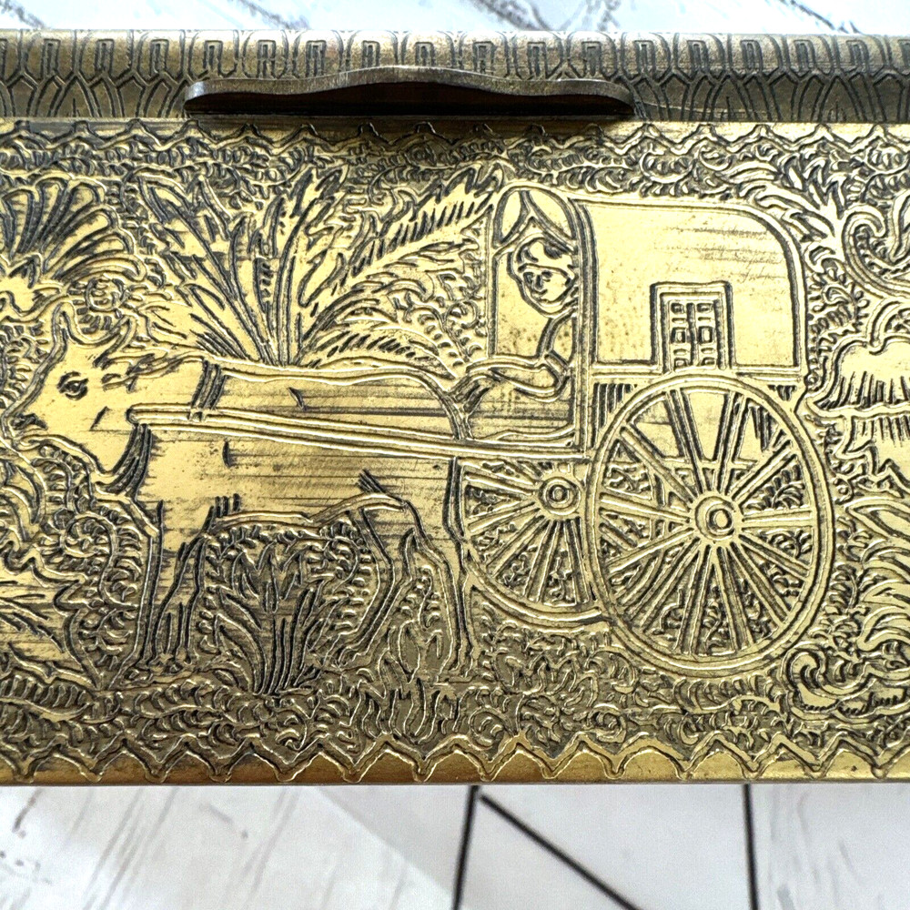 HAND TOOLED ENGRAVED SOLID BRASS STASH BOX CHEST ELEPHANT OX LION ELK HUNTER