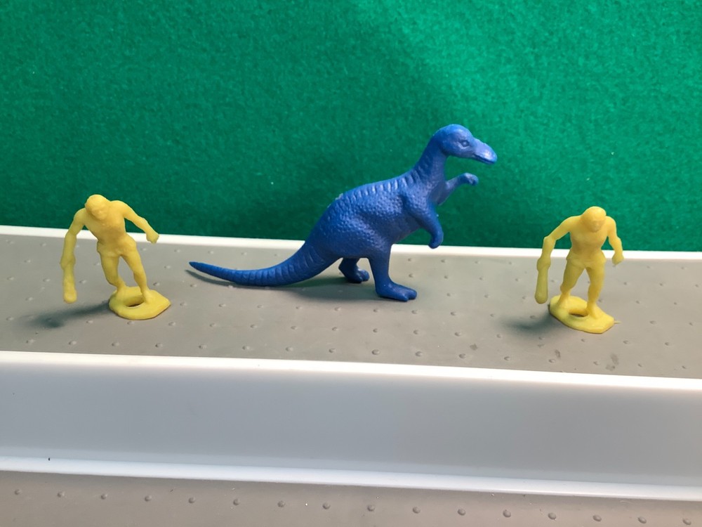 MPC Plastic Prehistoric Caveman Vintage 2" Yellow Figures With Blue Dinosaur