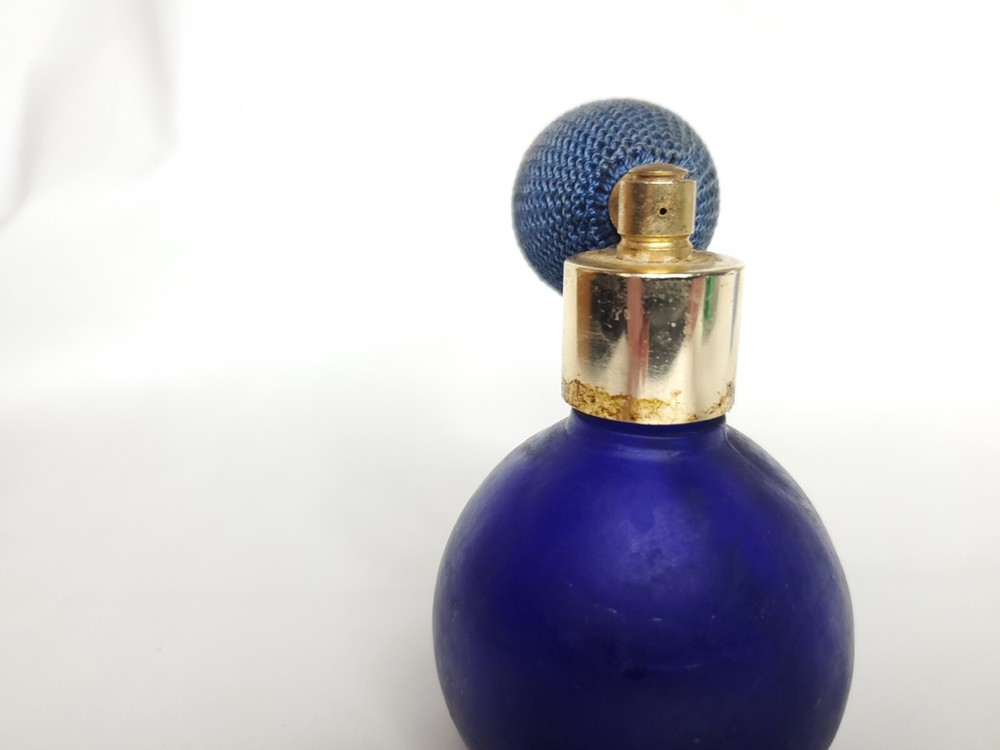 Vintage Dark Blue Glass(?) Perfume Bottle with Atomizer
