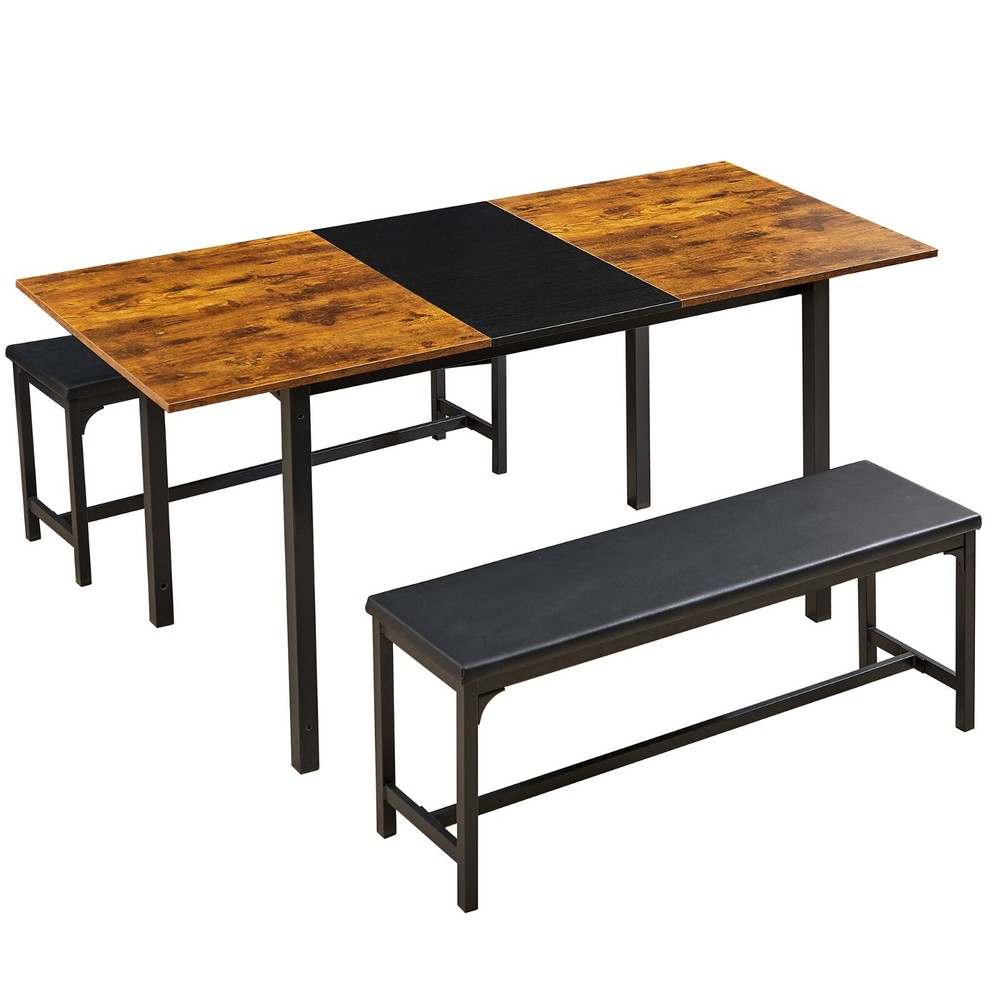 Extendable Dining Room Table Set +2 Benches Kitchen Wood Set for 4-6 Small Space