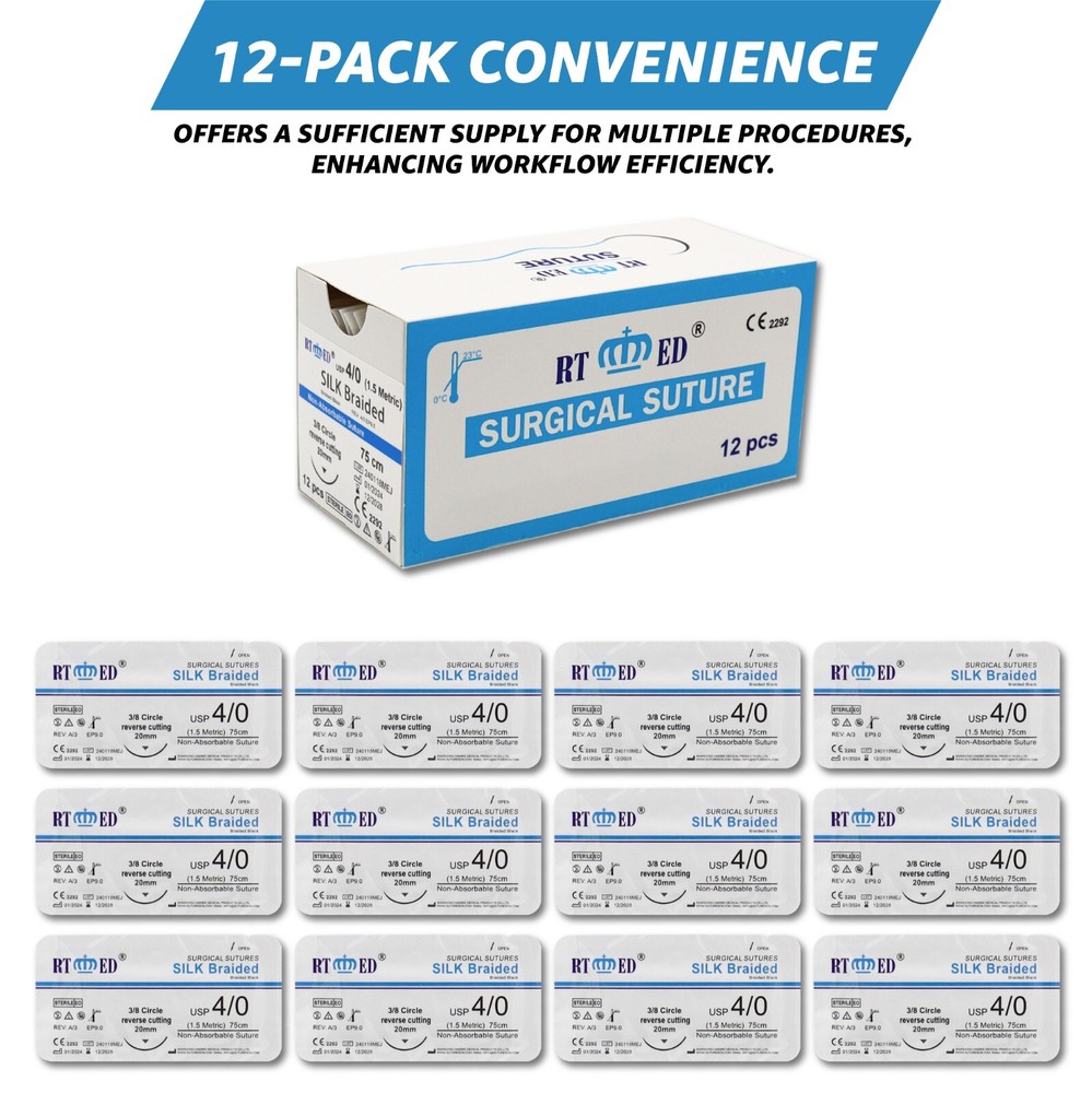 4/0 Silk Suture Practice Thread Kit Sterile Sutures Threads with Needle 12 Pack