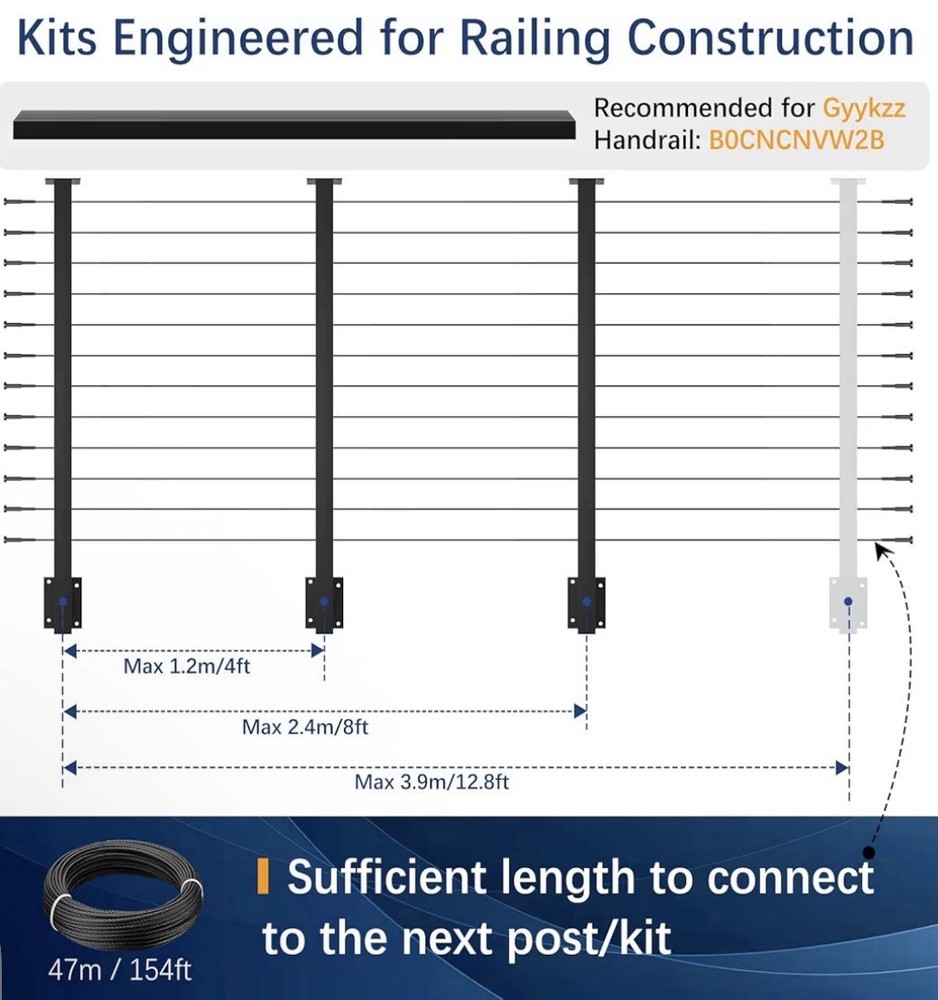 Gyykzz 42” Black Side Mount Cable Railing Kit 3 Posts 154ft Cable New, Open Box