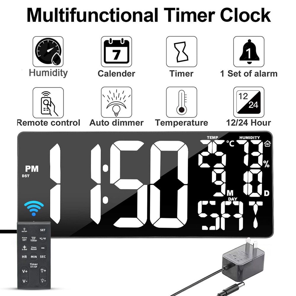 18 Inch Oversized Digital Wall Clock with Remote Control, Auto-Dimming, Tempe...
