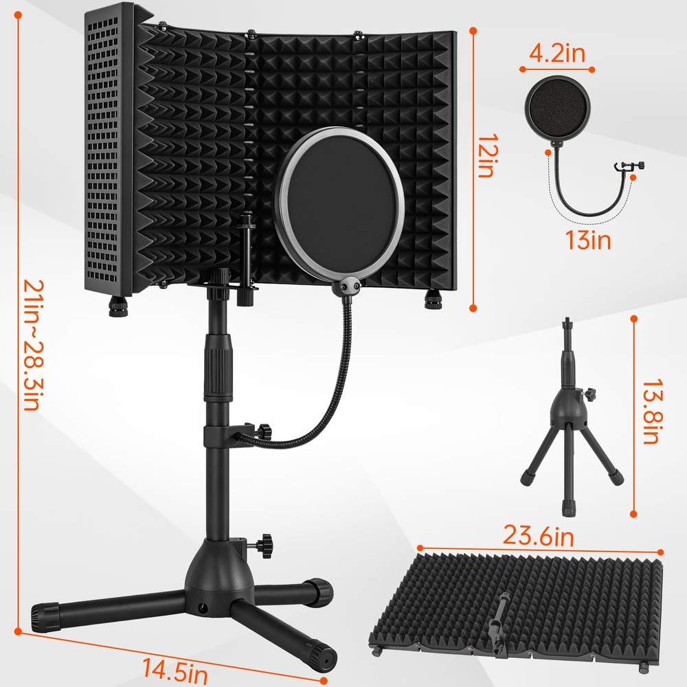 Desktop Microphone Isolation Shield with Tripod Stand Curved Panel, Foldable ...