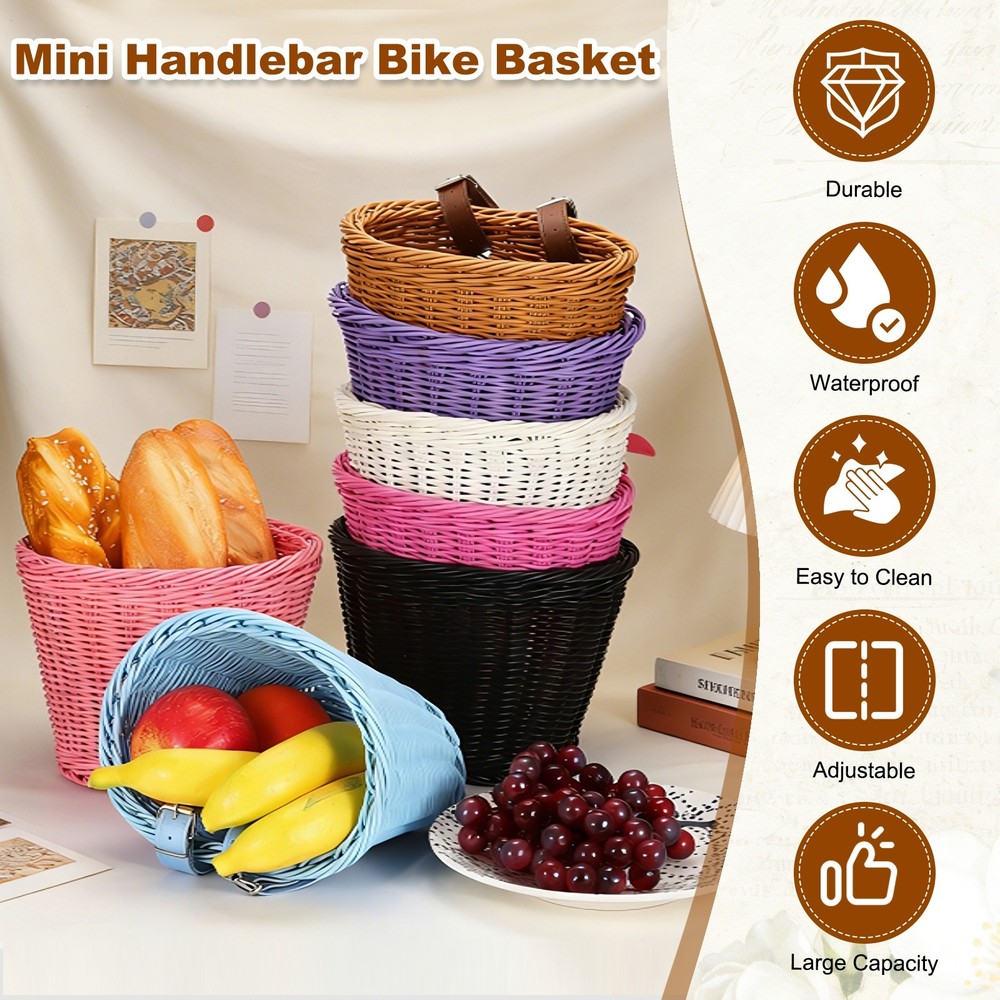 Handwoven Wicker Rainbow Bicycle Basket with Adjustable, Blue