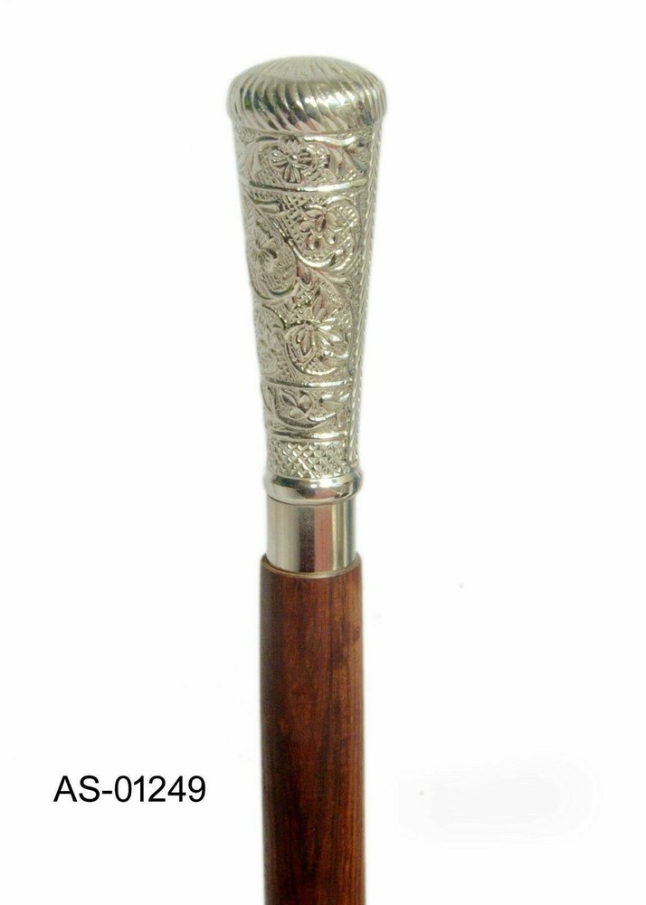 Solid Silver Brass Piller Design Handle Vintage Style Wooden Walking Stick Cane