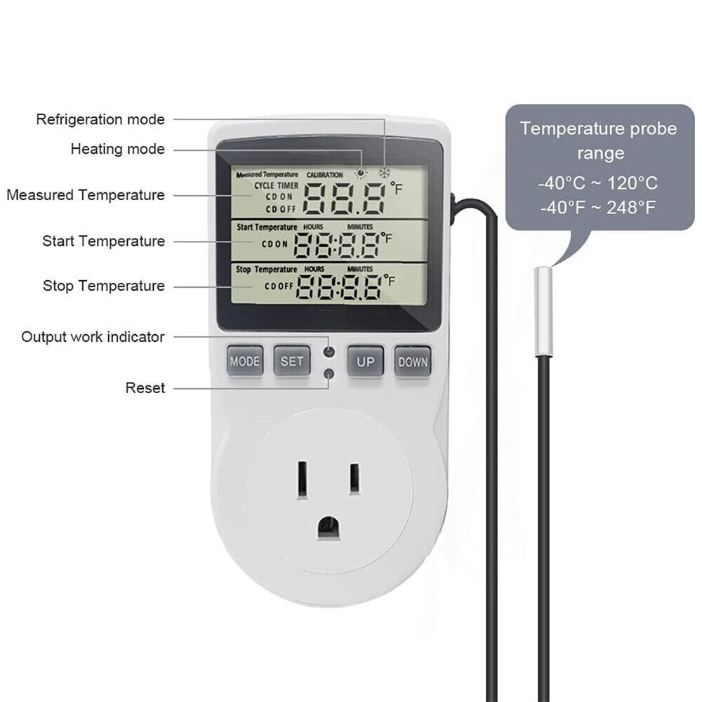 Temperature Controller Heating Cooling with Probe Digital Thermostat Outlet Plug