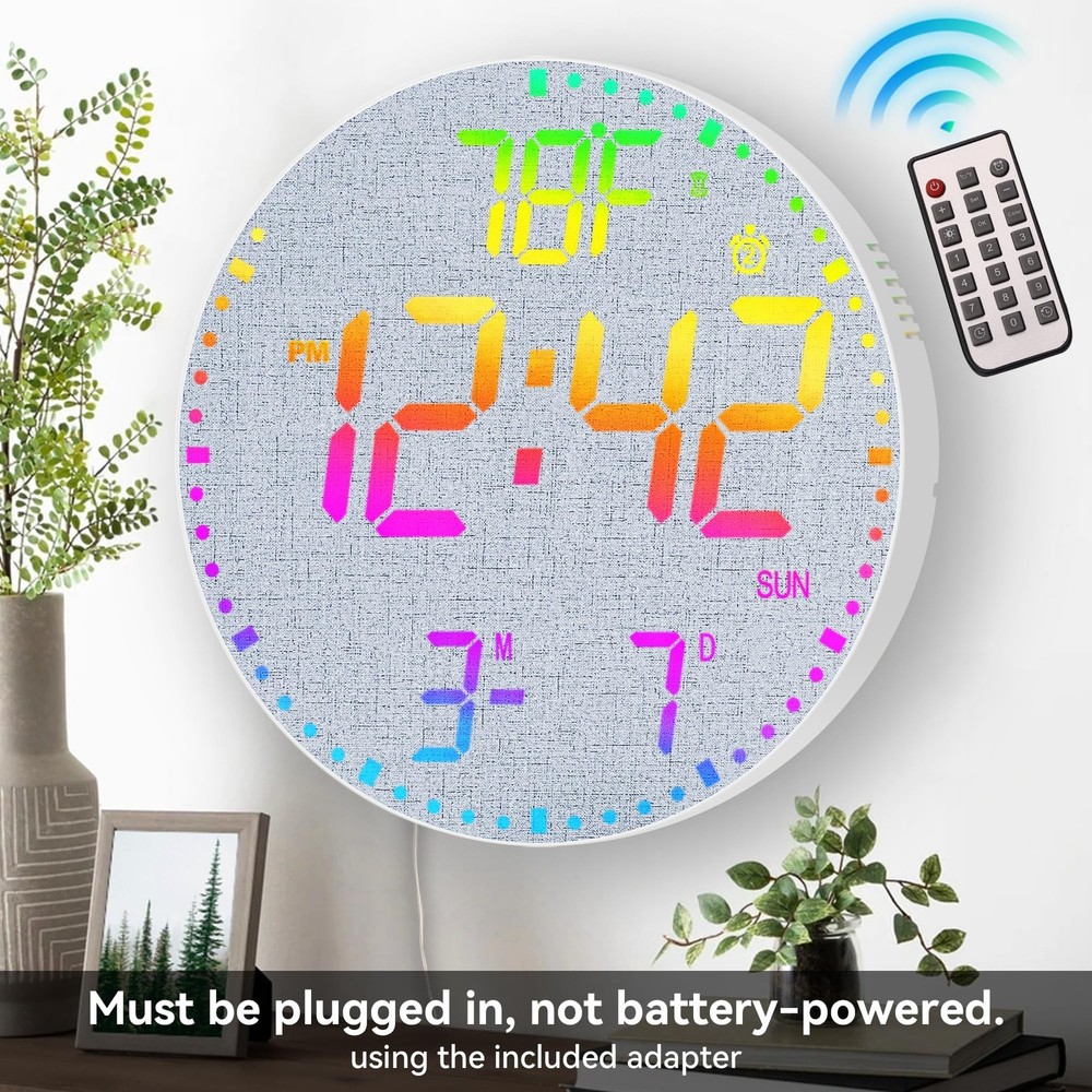 Kasbin 12 Inch Large Digital Wall Clock with Remote Control,RGB Color,Timer D...