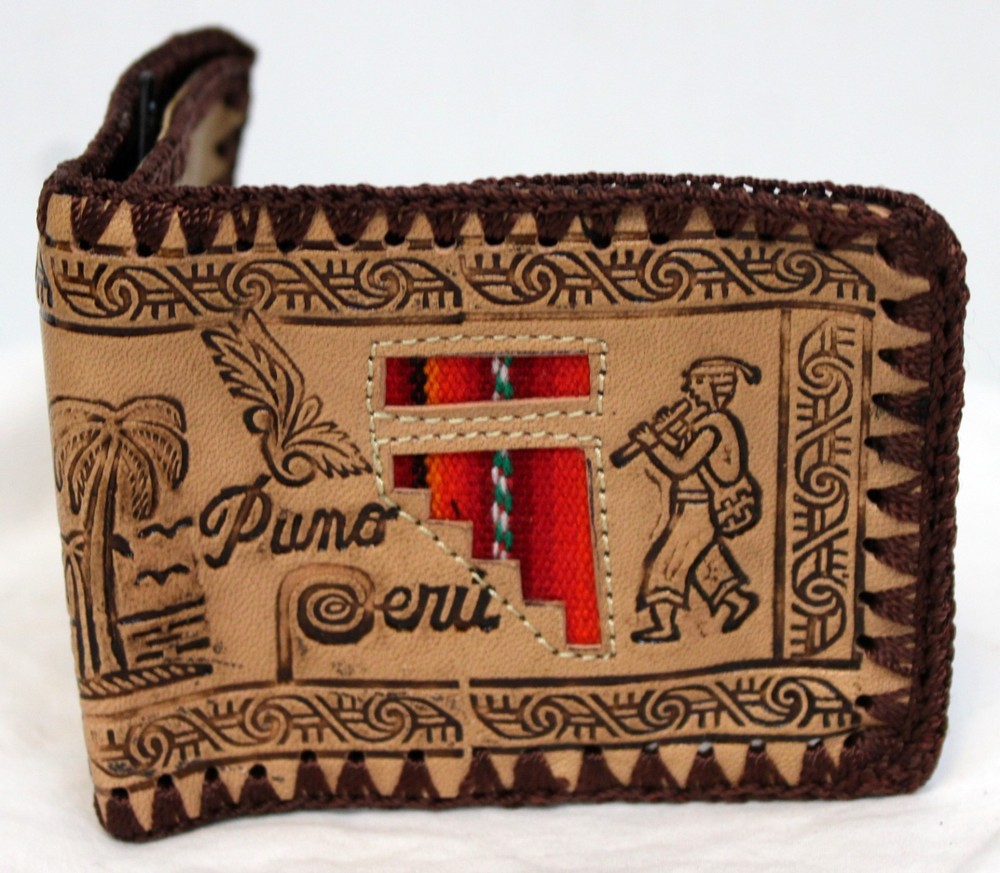 Peruvian Peru Folding Leather Wallet Tooled Llama Hand Stitched Men Teen Native