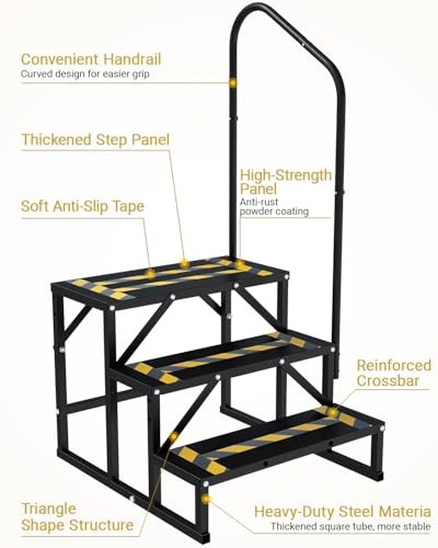 RV Steps with Handrail Heavy-Duty 3 Step Camper Entry Step Stairs for 3-Step