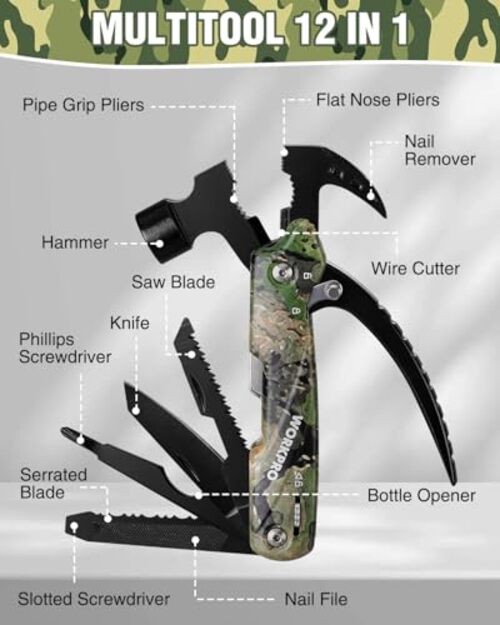 Multitool-12 in 1 Camping Tools with Mini Hammer-EDC Gear Multi Camouflage