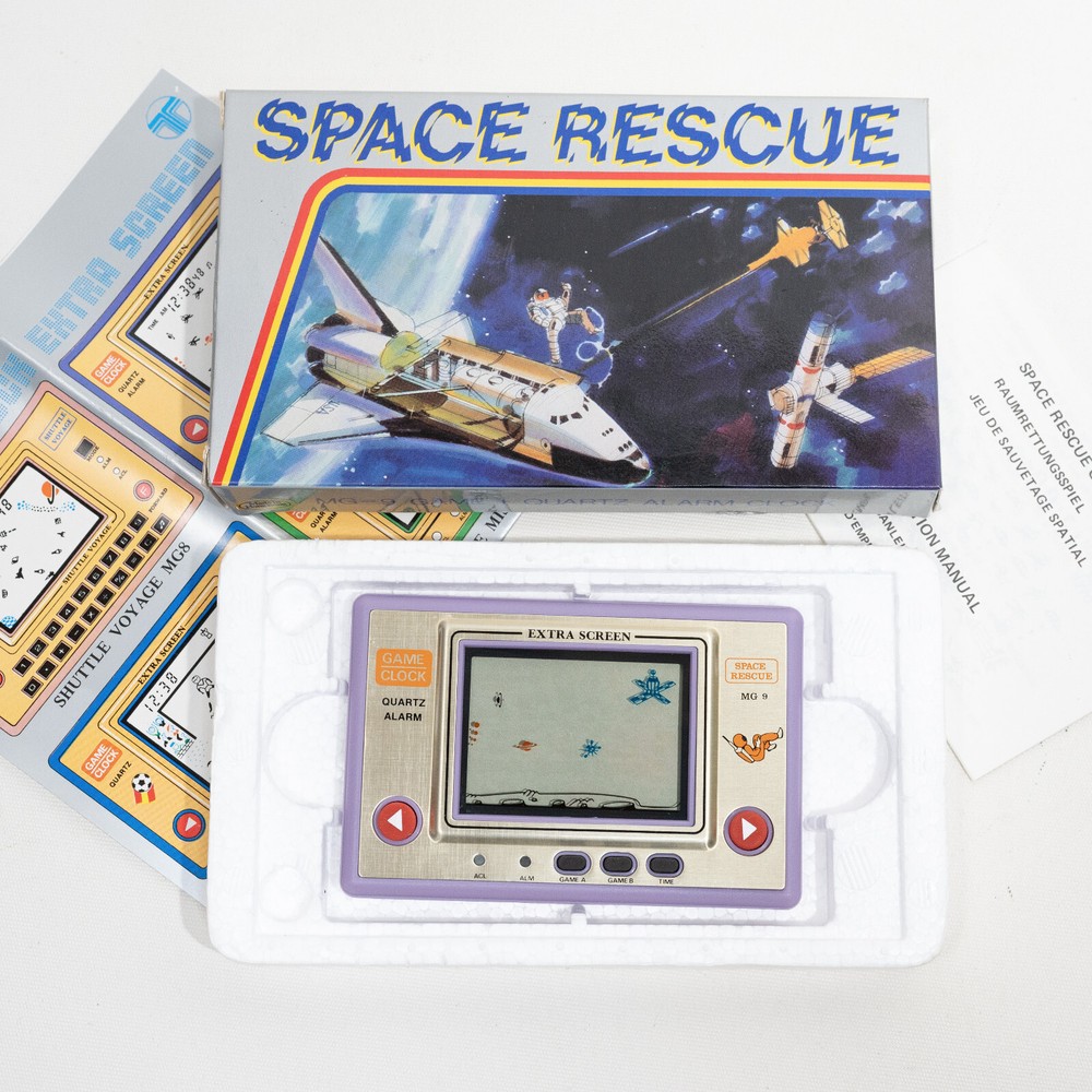 Space Rescue Game Watch Clock MG-9 Boxed 1982 - Missing Battery Cover - Tested!