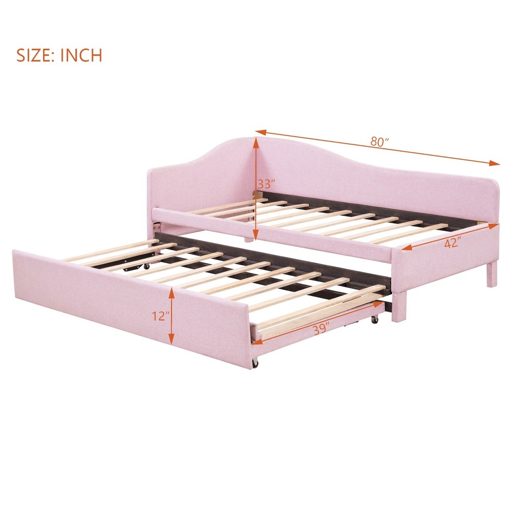Twin Size Daybed Linen Upholstered Bed Frame Sofa Bed w/ Pull Out Trundle Bed