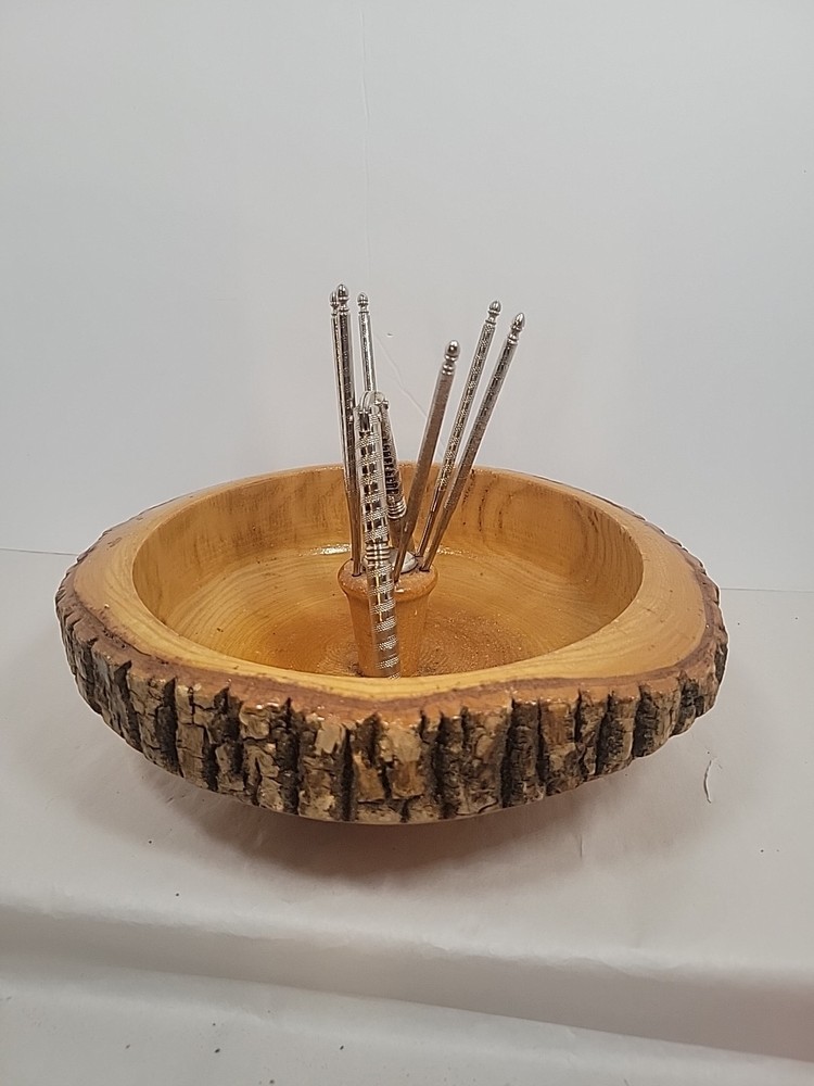 Vintage Solid Wood Tree Bark Nut Bowl with Nutcracker & 6 picks